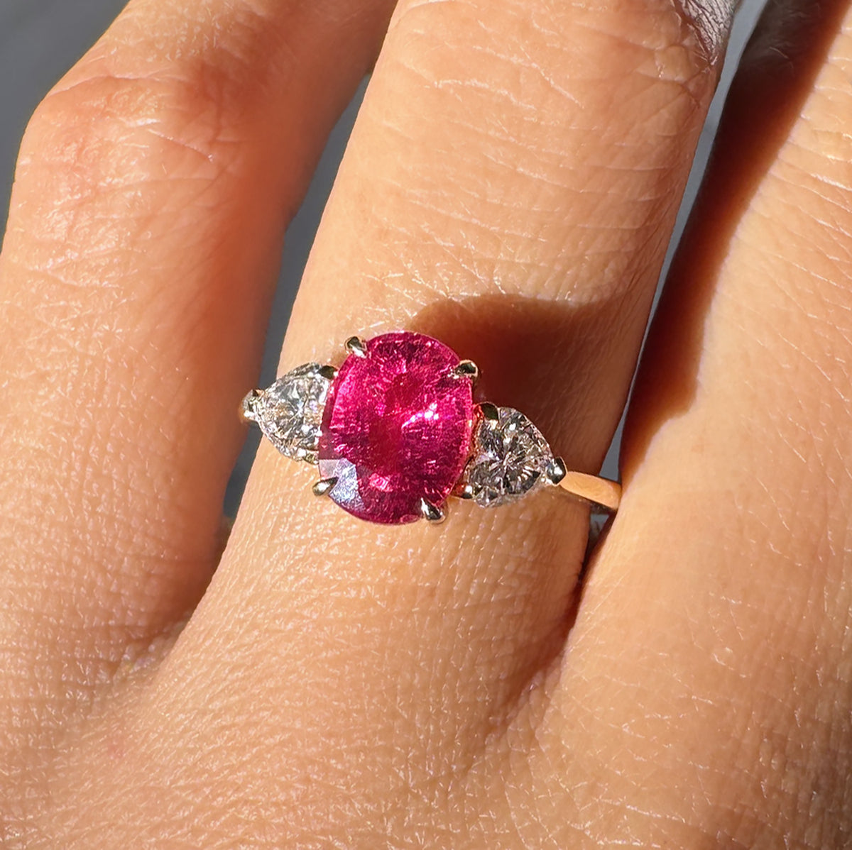 Rubellite with 2 Heart Side Diamond Ring - Solid 14K Yellow Gold | BITS OF BALI JEWELRY