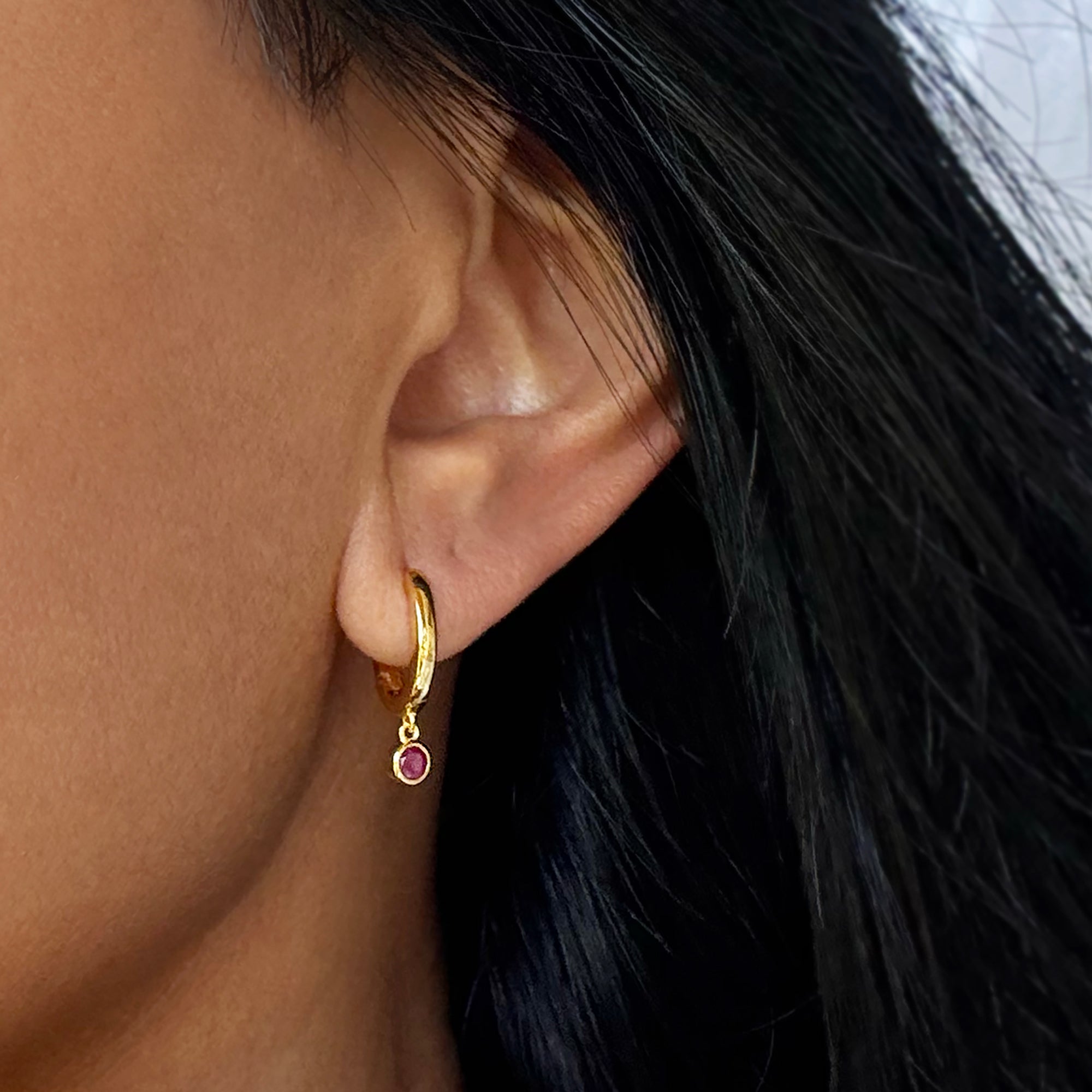 Mini Huggies Earrings With Ruby Bezel Charm - Gold Vermeil