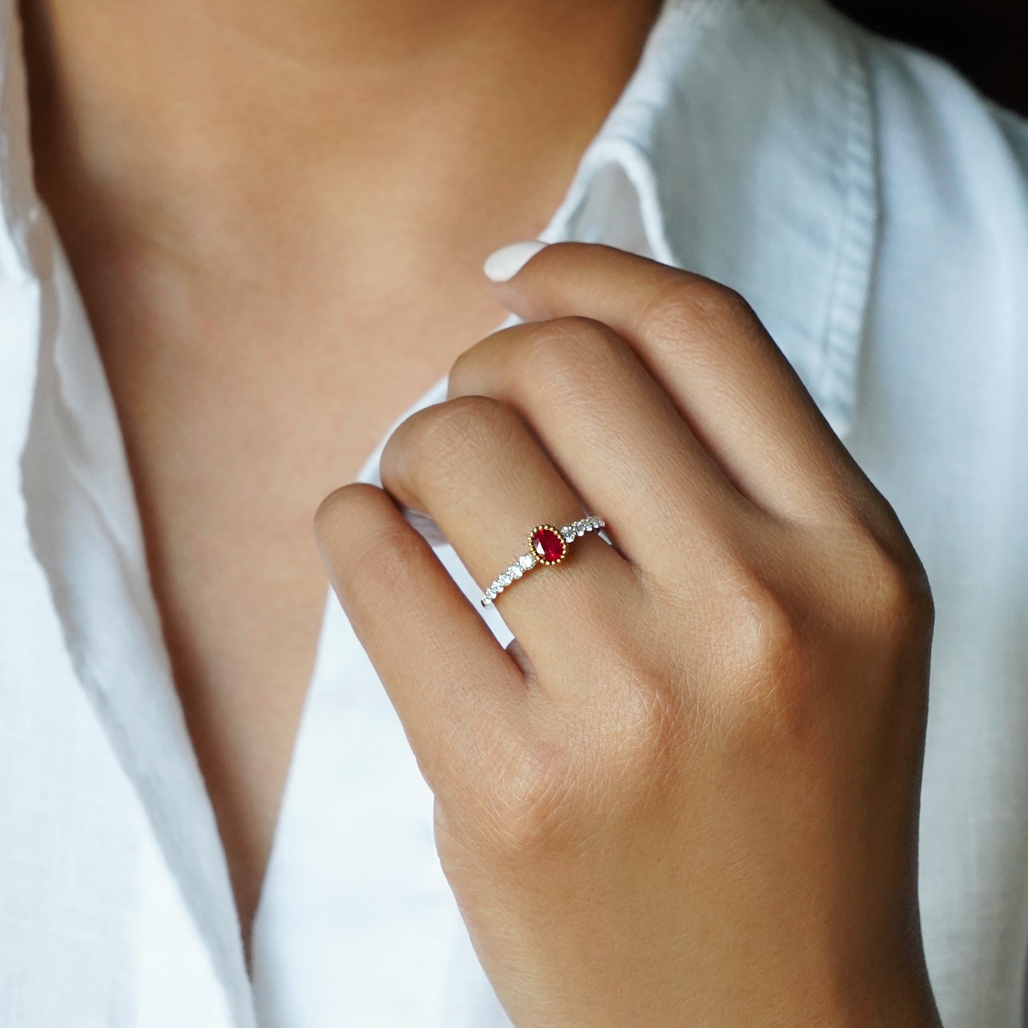 Burmese Ruby & Diamond Half Eternity Ring - Solid 18K White Gold | BITS OF BALI JEWELRY