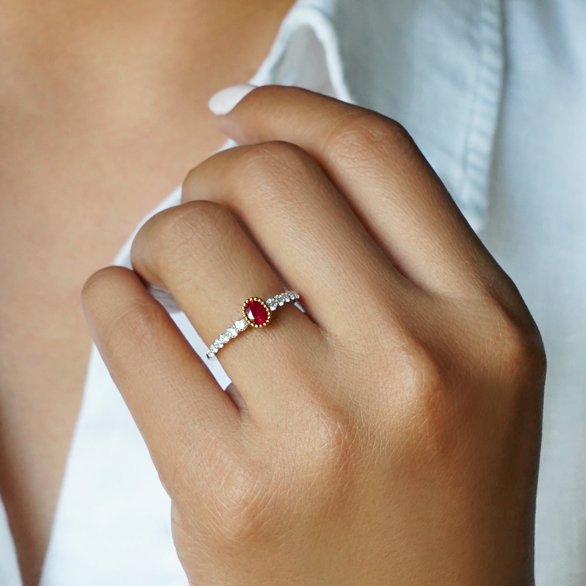 Burmese Ruby & Diamond Half Eternity Ring - Solid 18K White Gold | BITS OF BALI JEWELRY