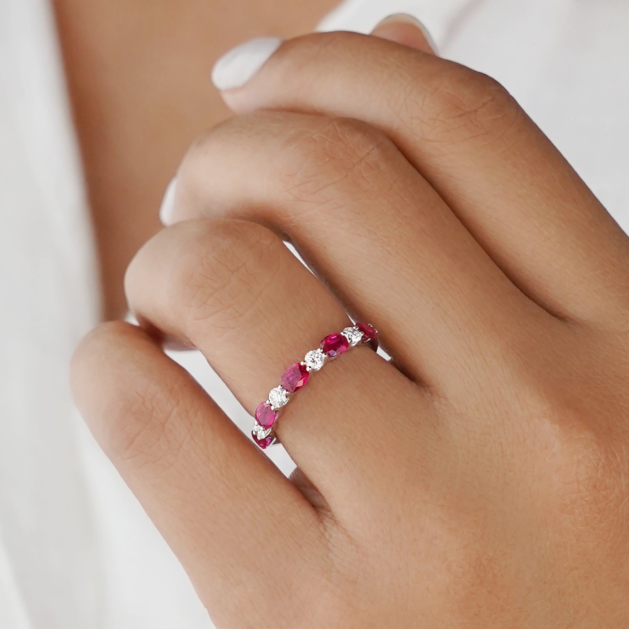 Half Eternity Ruby & Diamond Ring - Solid 18K White Gold | BITS OF BALI JEWELRY