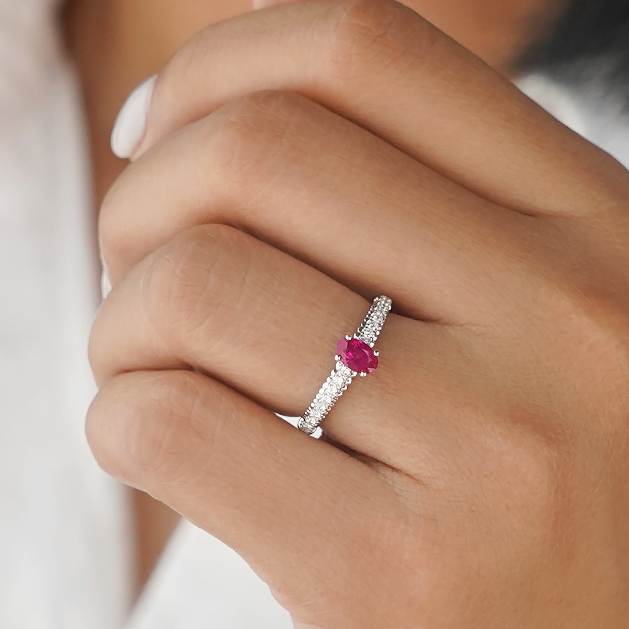 Burmese Ruby With French Pave Shank Diamond Ring - Solid 18K White Gold | BITS OF BALI JEWELRY