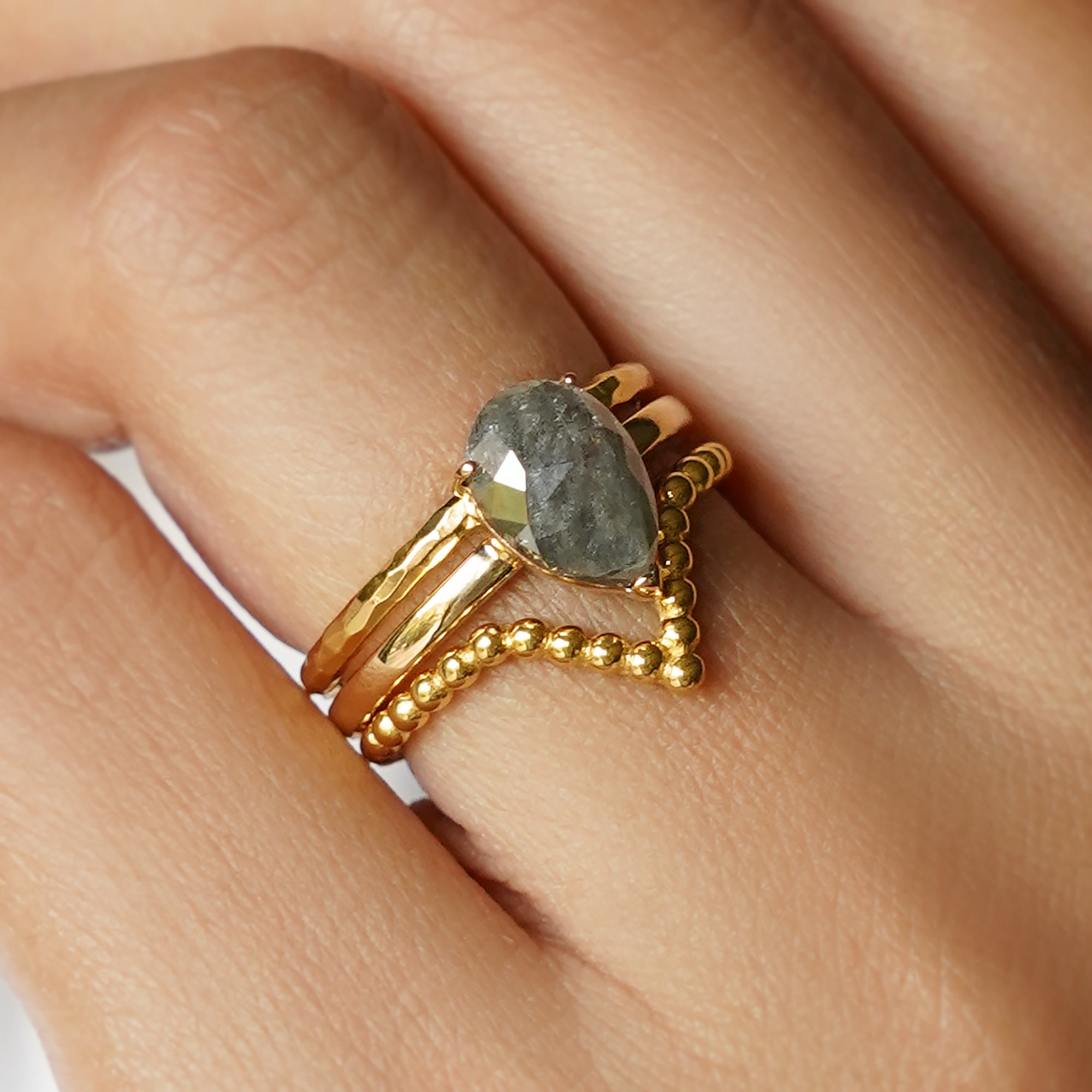 Salt & Pepper Diamond Diagonal Large Pear Shaped Ring - Solid 18K Yellow Gold | BITS OF BALI JEWELRY