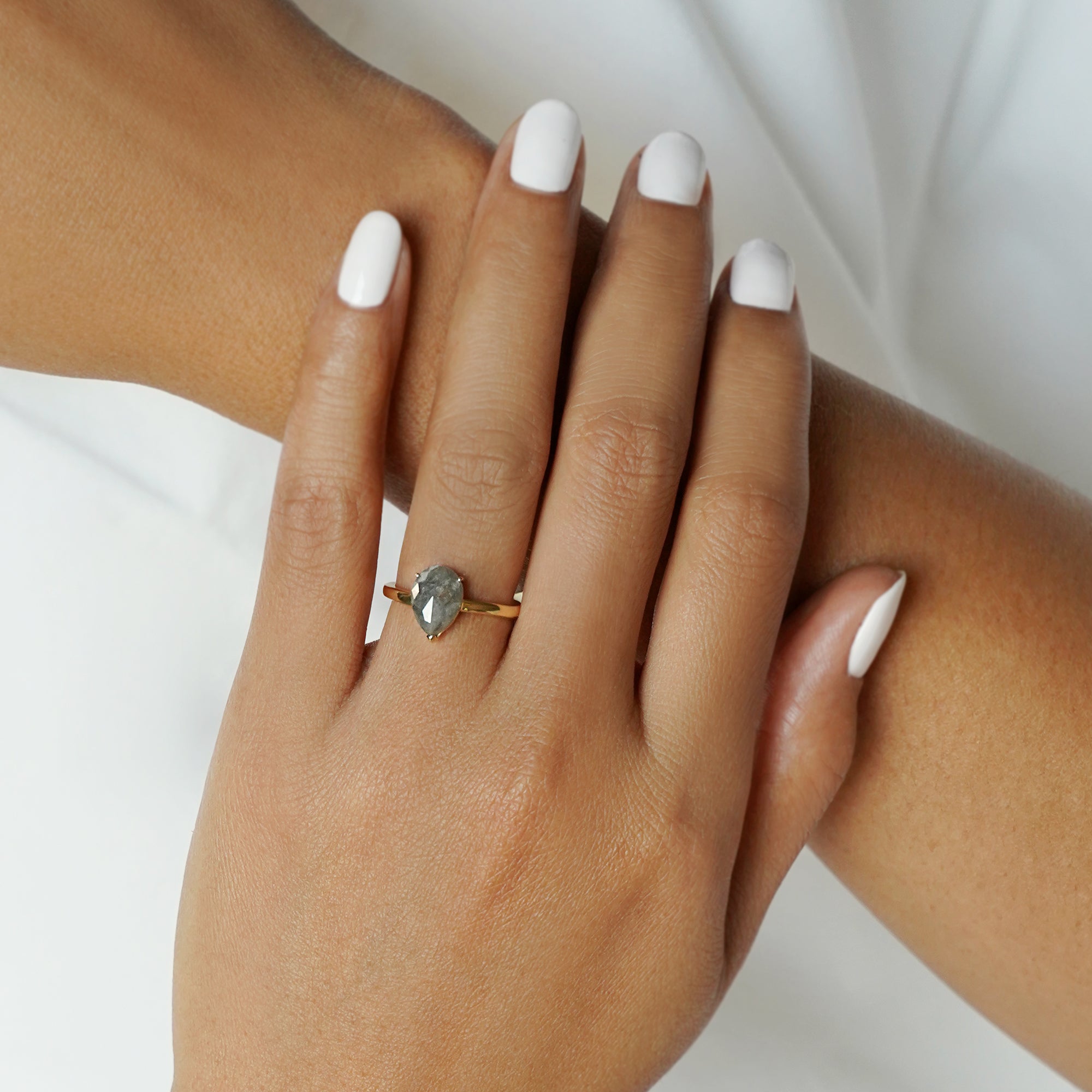 Salt & Pepper Diamond Diagonal Large Pear Shaped Ring - Solid 18K Yellow Gold | BITS OF BALI JEWELRY