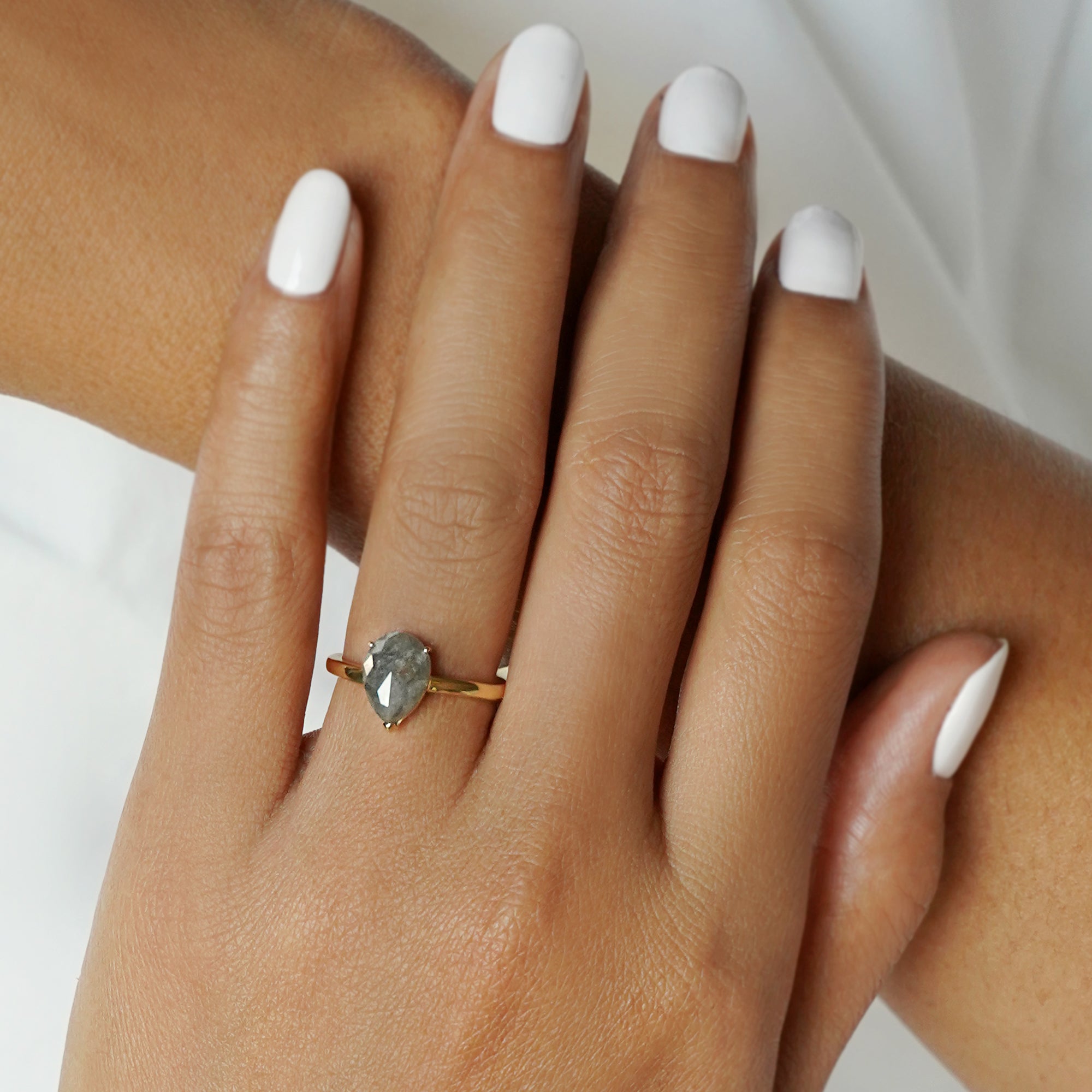 Salt & Pepper Diamond Diagonal Large Pear Shaped Ring - Solid 18K Yellow Gold | BITS OF BALI JEWELRY