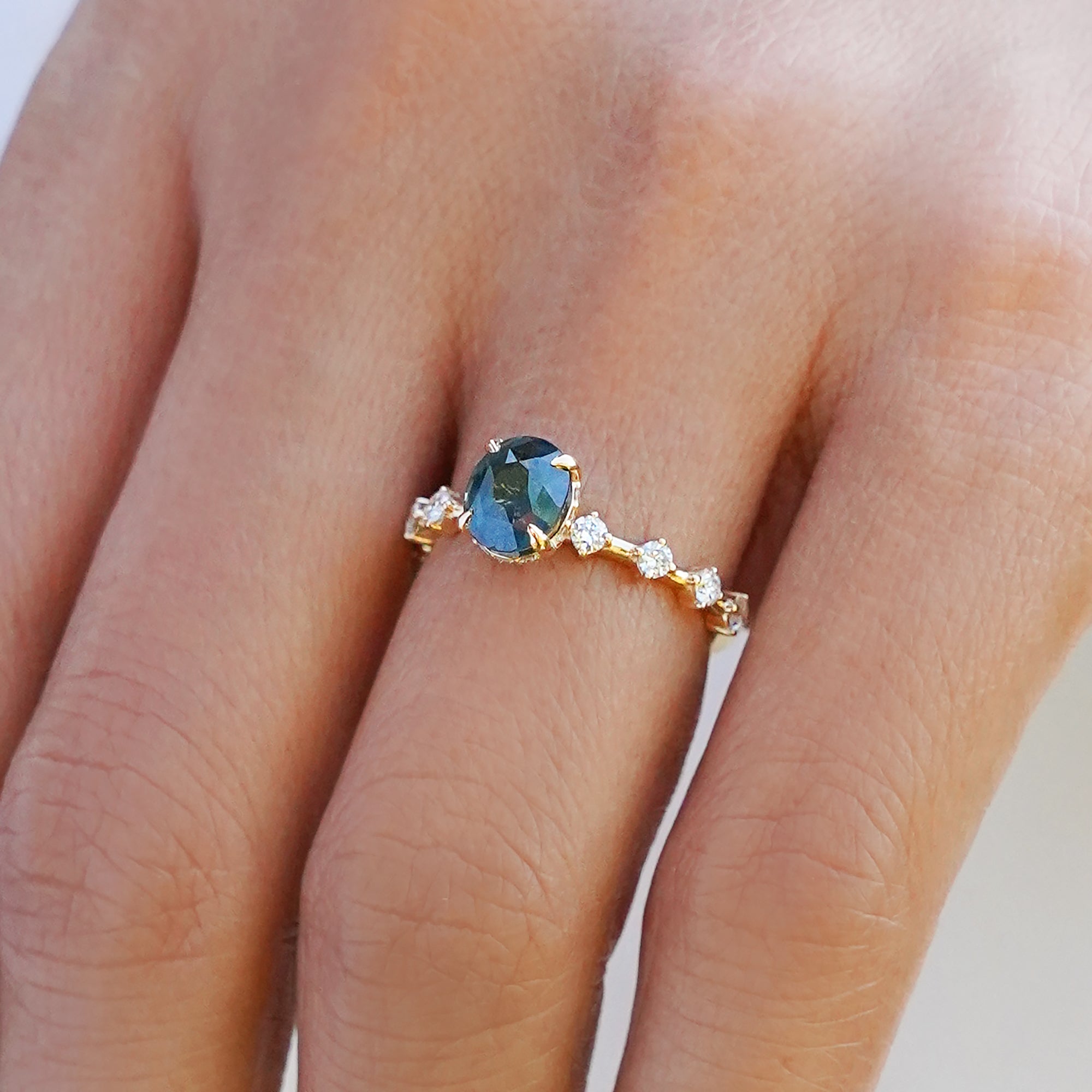 Certified 1.61 Carat Unheated Teal Sapphire Distance Diamond Ring - Solid 14k Yellow Gold