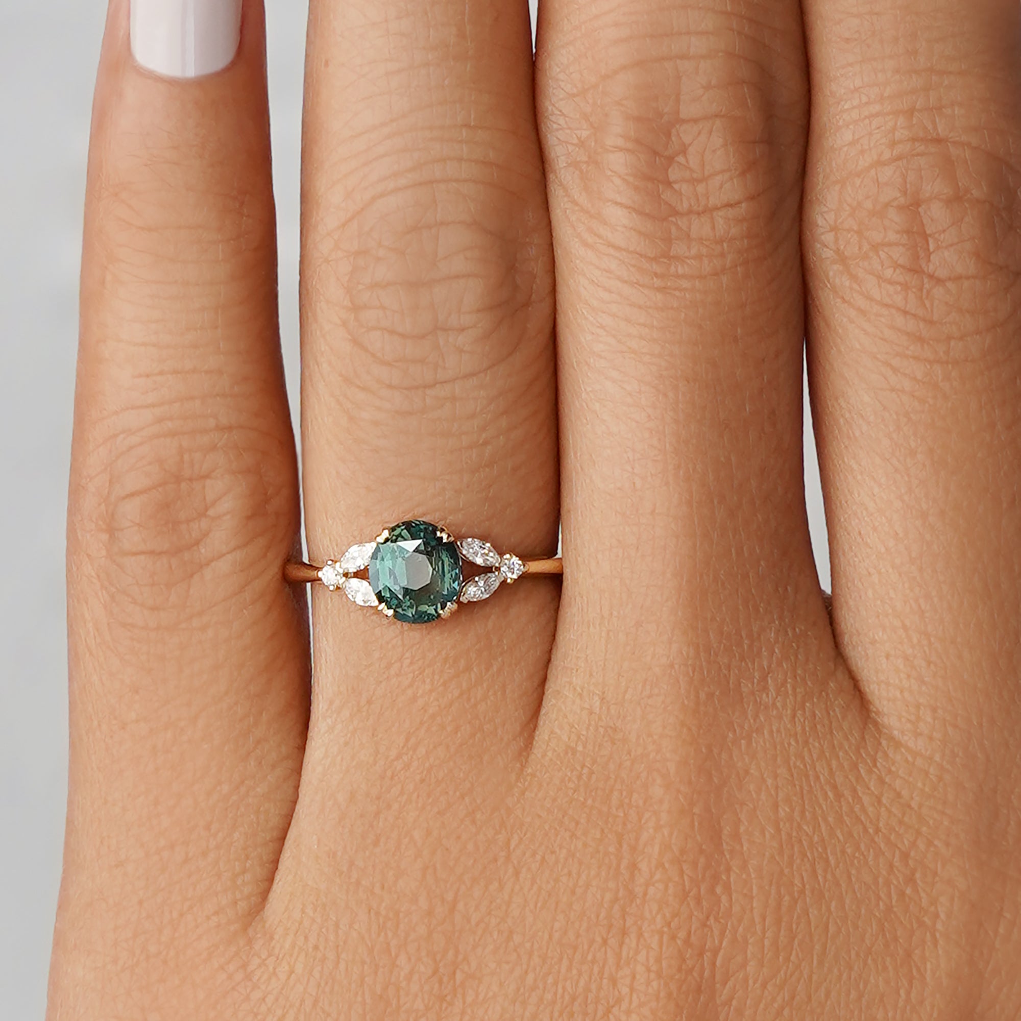 2.05 Ct Oval Teal Sapphire Ring with Marquise & Round Side Natural Diamonds - Solid 14K Yellow Gold | BITS OF BALI JEWELRY