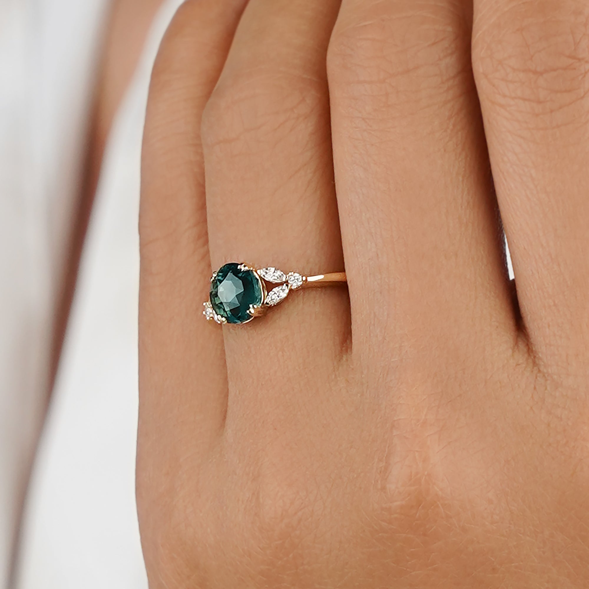 2.05 Ct Oval Teal Sapphire Ring with Marquise & Round Side Natural Diamonds - Solid 14K Yellow Gold