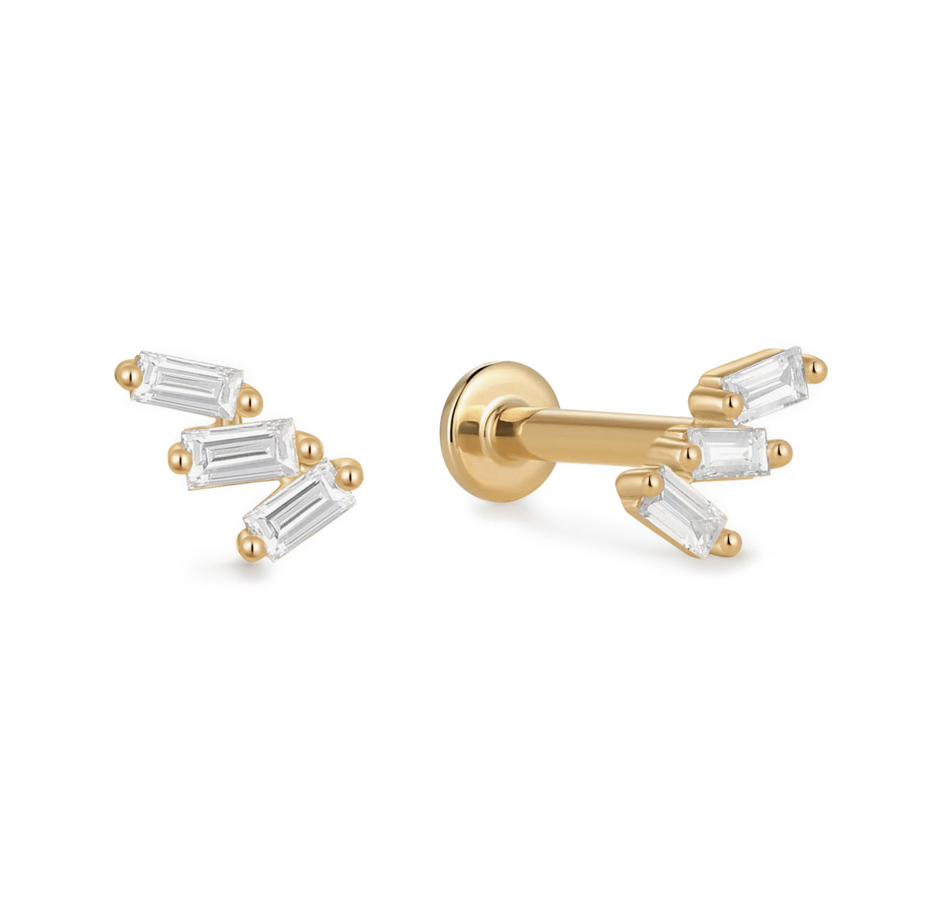 Trio Baguette Diamond Flat Back Stud Earrings - Solid 14K Yellow Gold | BITS OF BALI JEWELRY