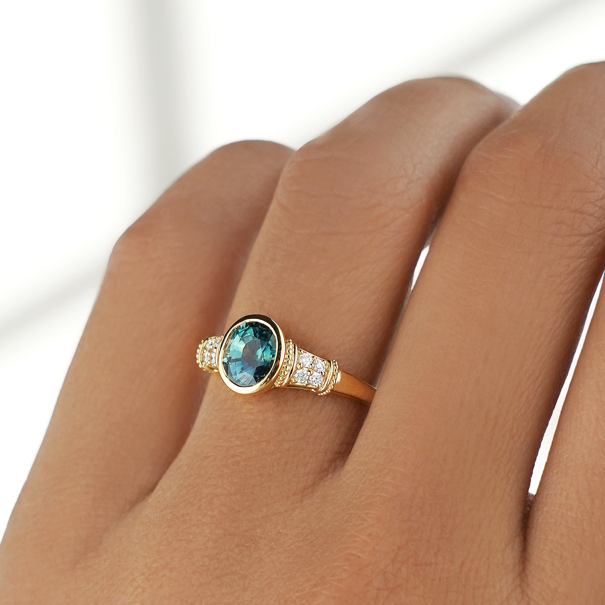 Vintage-inspired Oval Teal Sapphire & Diamond Ring - Solid 18K Yellow Gold | BITS OF BALI JEWELRY