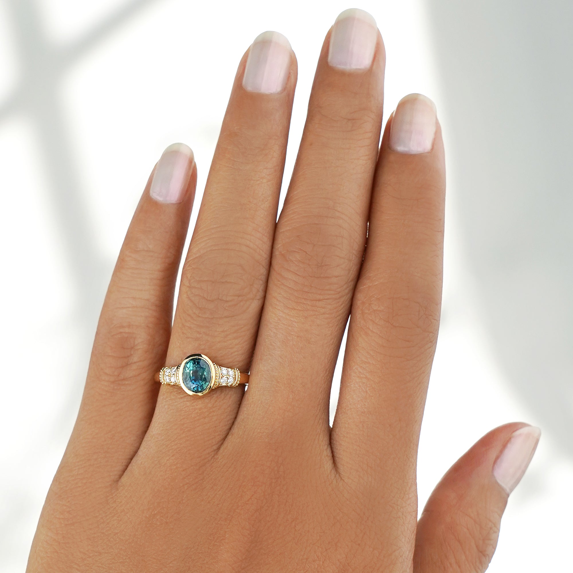Vintage-inspired Oval Teal Sapphire & Diamond Ring - Solid 18K Yellow Gold | BITS OF BALI JEWELRY