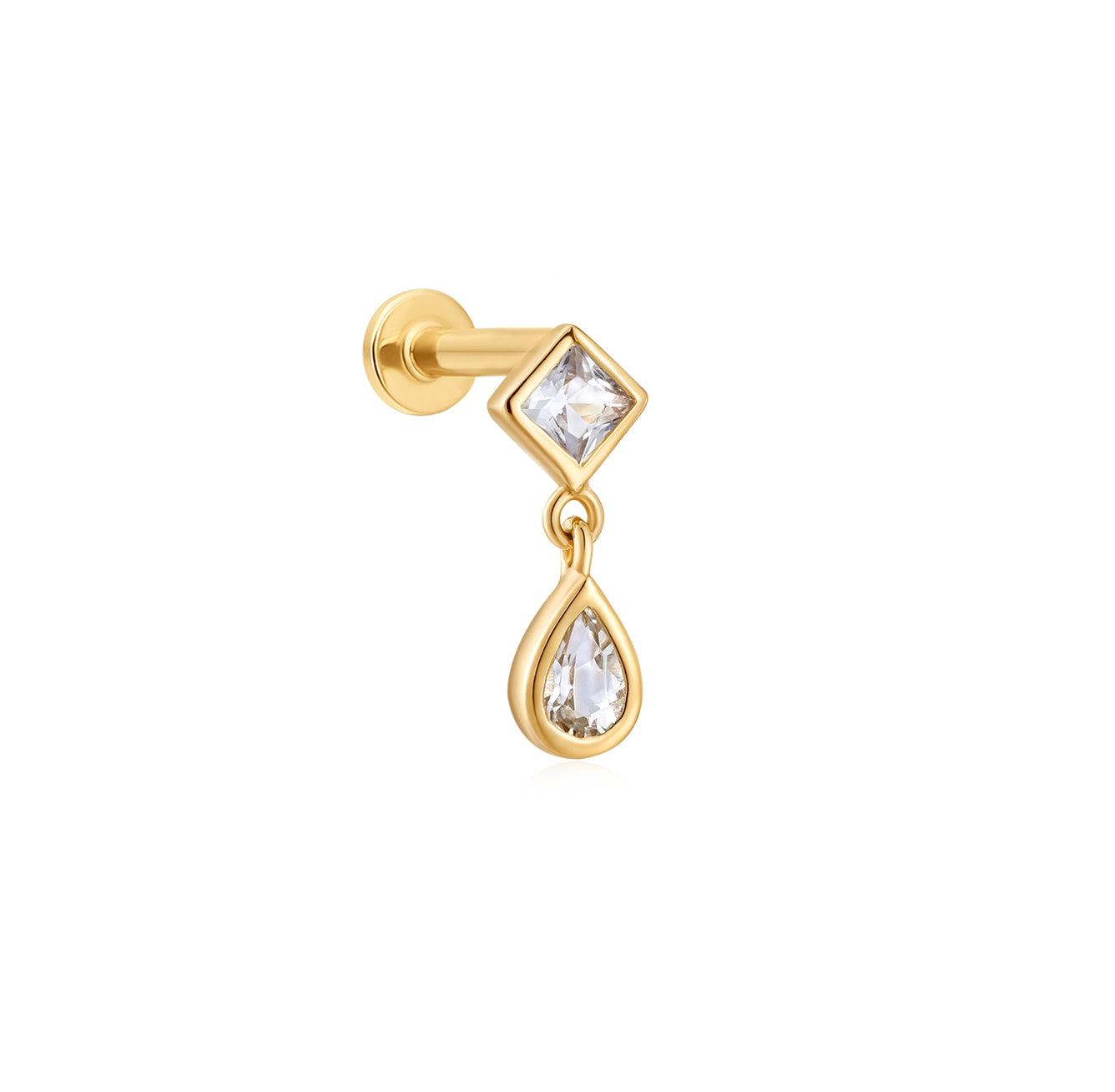 White Sapphire Square and Tear Drop Dangling Flat Back Stud Earrings - Solid 14K Yellow Gold | BITS OF BALI JEWELRY