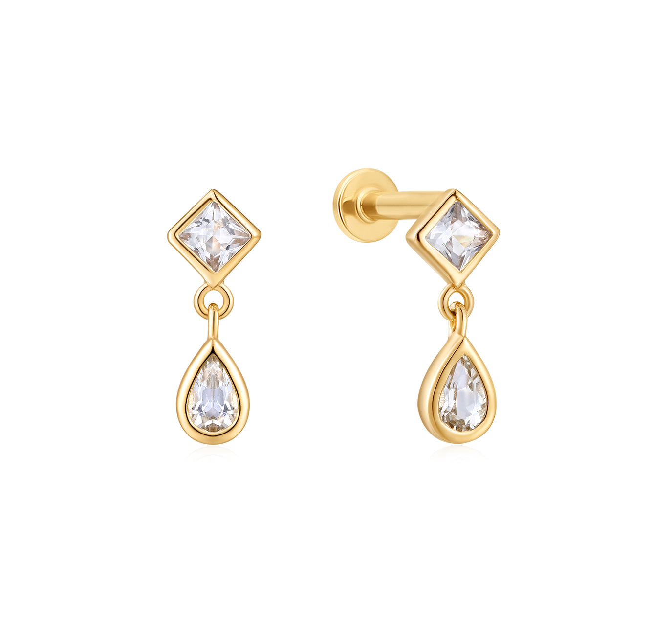 White Sapphire Square and Tear Drop Dangling Flat Back Stud Earrings - Solid 14K Yellow Gold | BITS OF BALI JEWELRY
