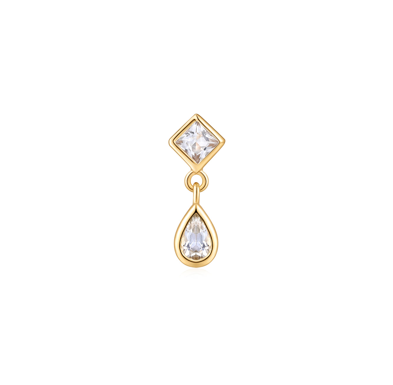 White Sapphire Square and Tear Drop Dangling Flat Back Stud Earrings - Solid 14K Yellow Gold | BITS OF BALI JEWELRY