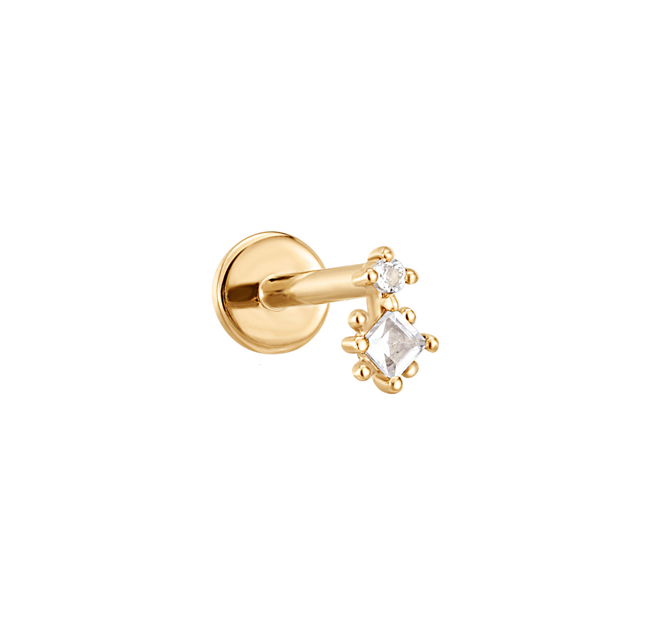 White Topaz Square and Round Flat Back Stud Earring - Solid 14K Yellow Gold