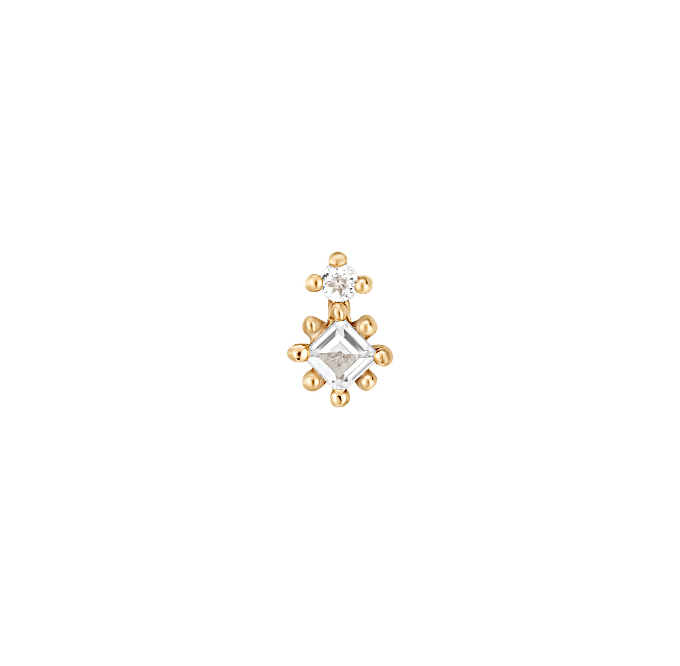 White Topaz Square and Round Flat Back Stud Earring - Solid 14K Yellow Gold