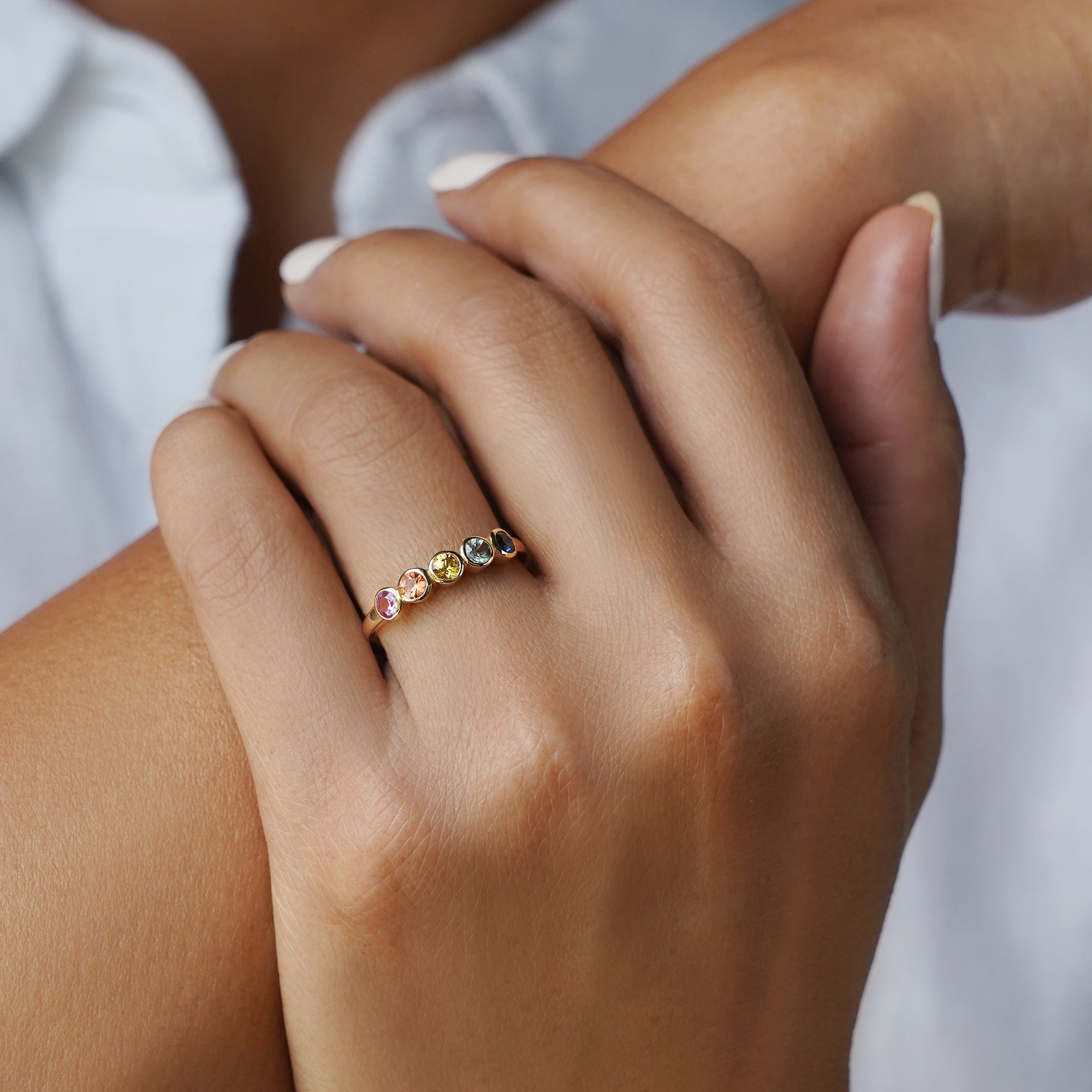 Rainbow Sapphires Bezel Ring  - Solid 14K Yellow Gold