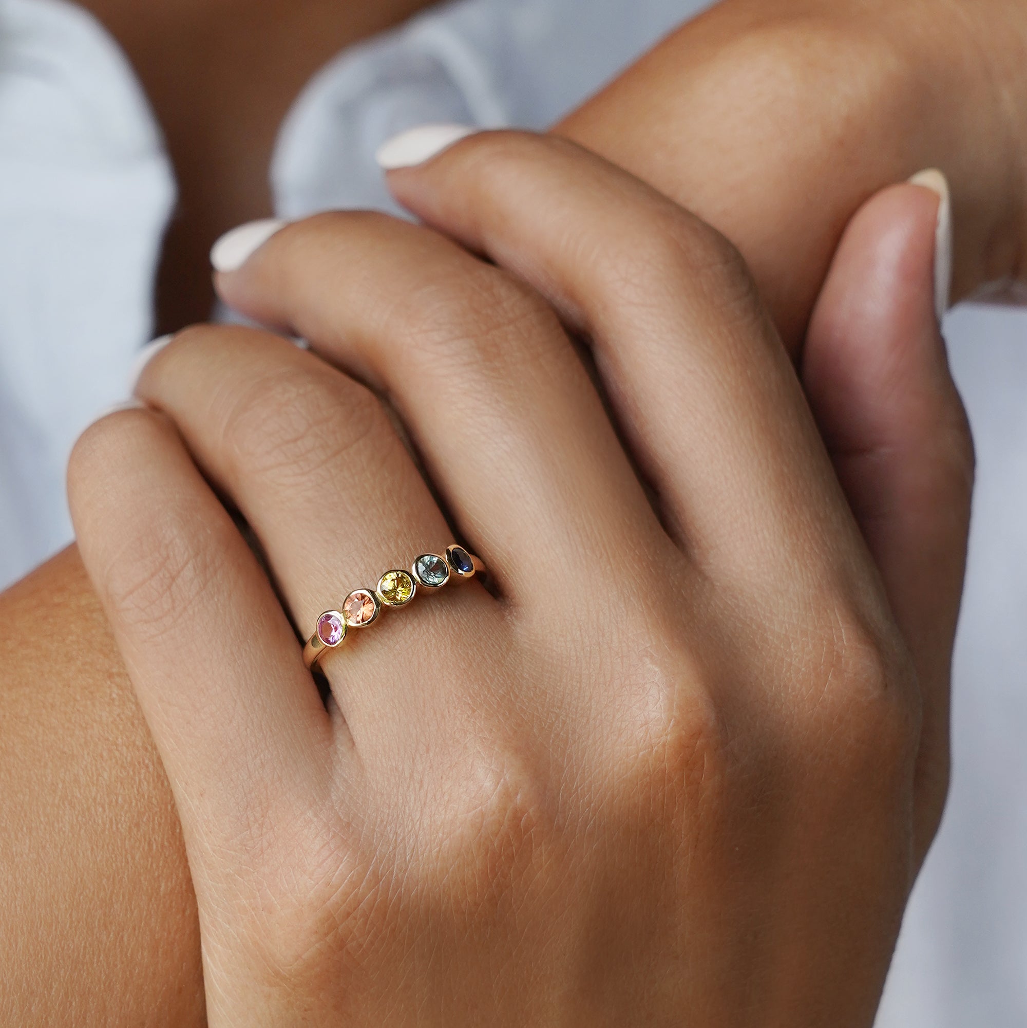 Rainbow Sapphires Bezel Ring  - Solid 14K Yellow Gold